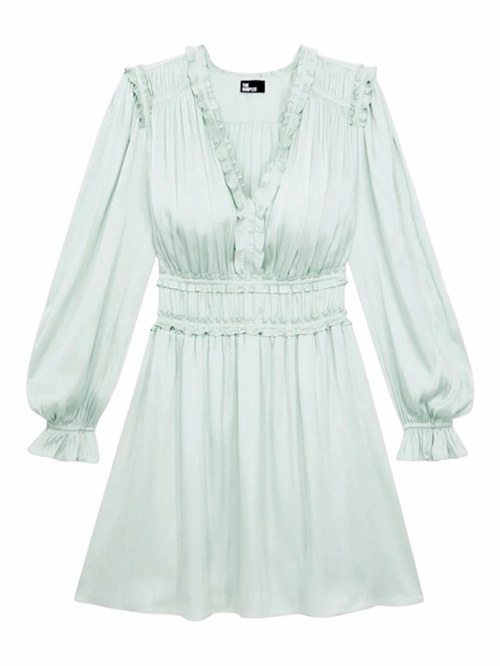 NWT! The Kooples Mint Green Satin Ruffled V-Neck Long Sleeve Mini Dress. Small.